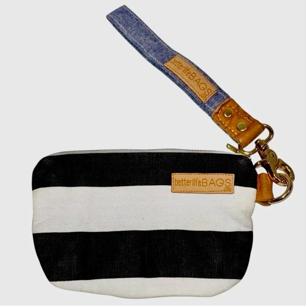Betterlife Bags Striped Zip Pouch with a Denim Wrist Strap, Black White Blue
